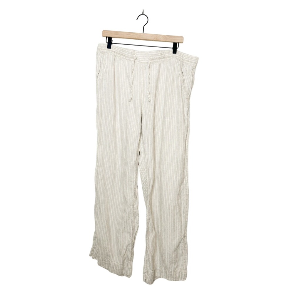 LL Bean Womens Neutral Stripe Coastal 100% Linen Wide Leg Casual Pants Plus 16